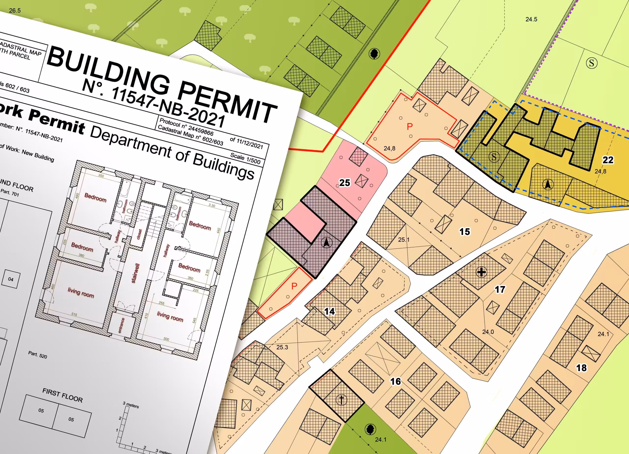 Image of planning plat with overlay text of "Building Permit"